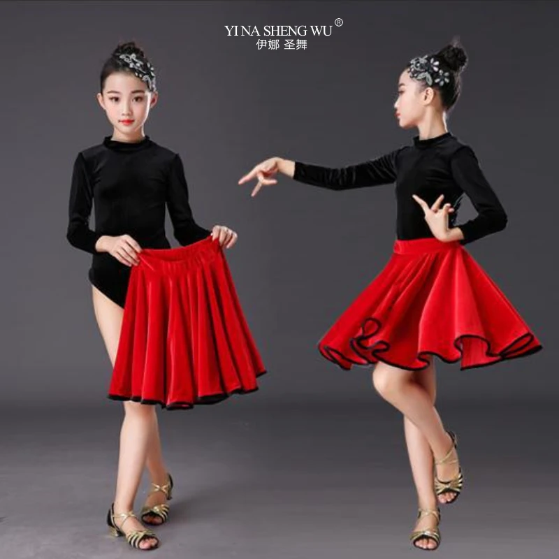 

Girl's Red Latin Dance Skirt Long Sleeve Suede Fishtail Hem Skirt Dance Training Suit Tango Cha Cha Dance Hall Samba Rumba Dress