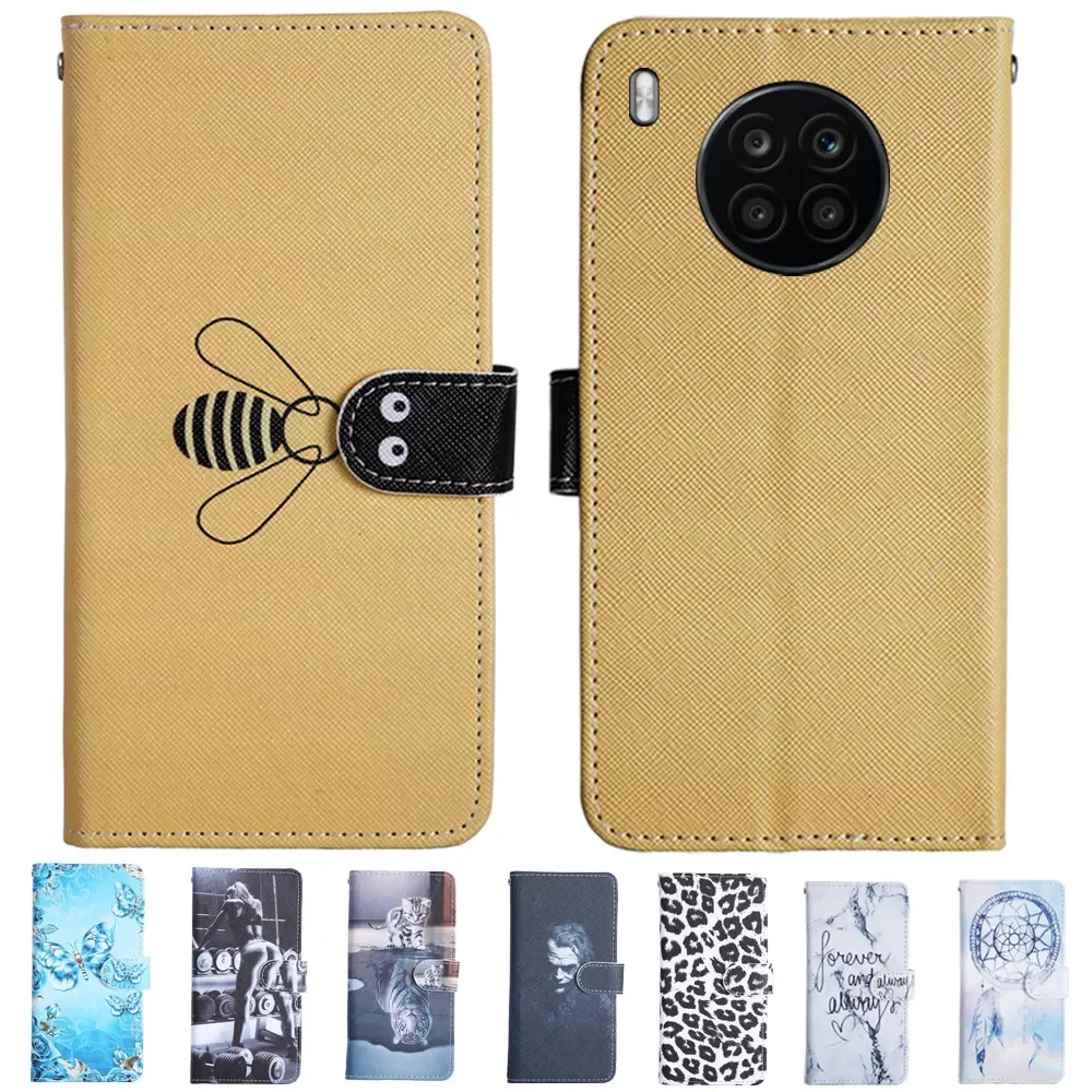 

HONOR 50 Lite Case Cute cat Patterned Flip leather Cover on Honor 50 Light Stand card holder Case on Honor50 Lite Cover Soft TPU