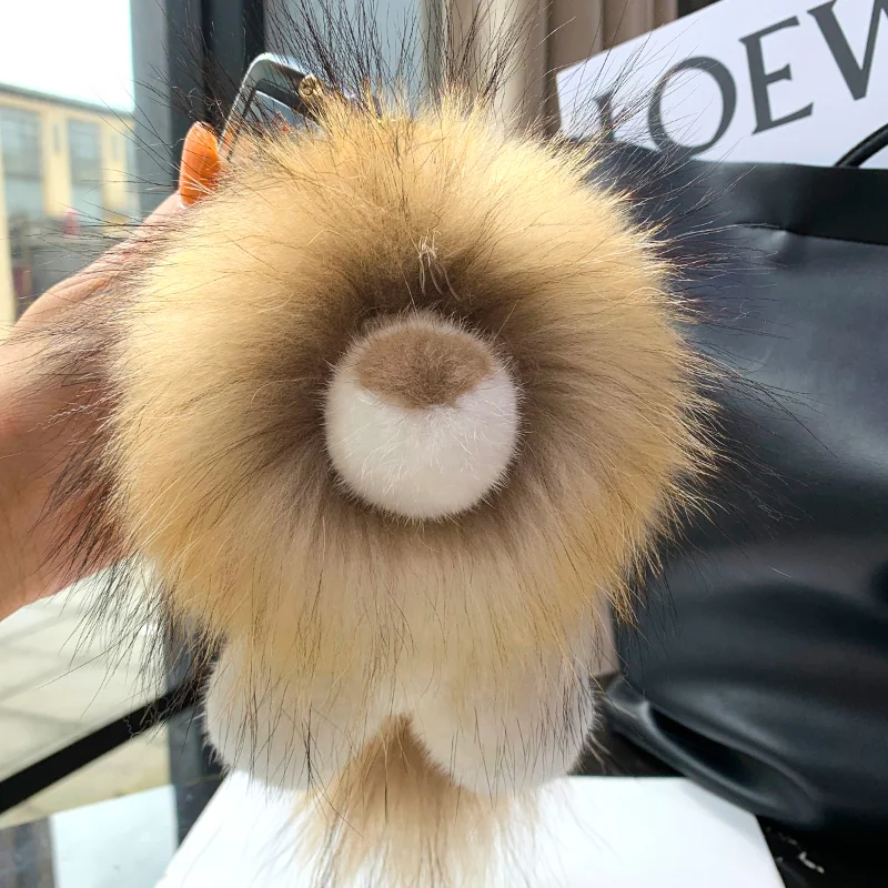 Lion Natural Mink Real Fur Handmade Cute Key Chain Bag Accessory Car Keychain Keyrings Gift for Women Girl Accessories