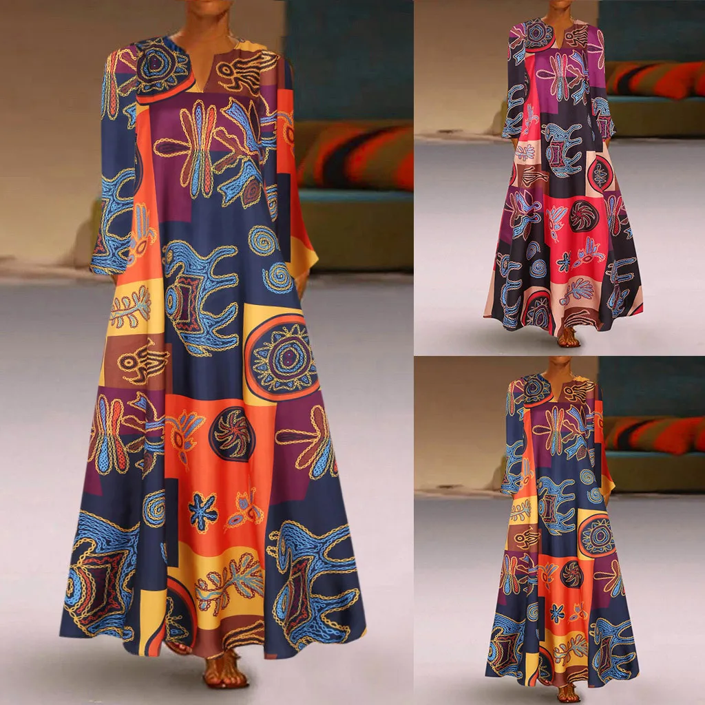 

Size V Print Bohemian Maxi Long Daily Dres Vintage Neck Women Sleeve Casual Women's Dress Dress Summer