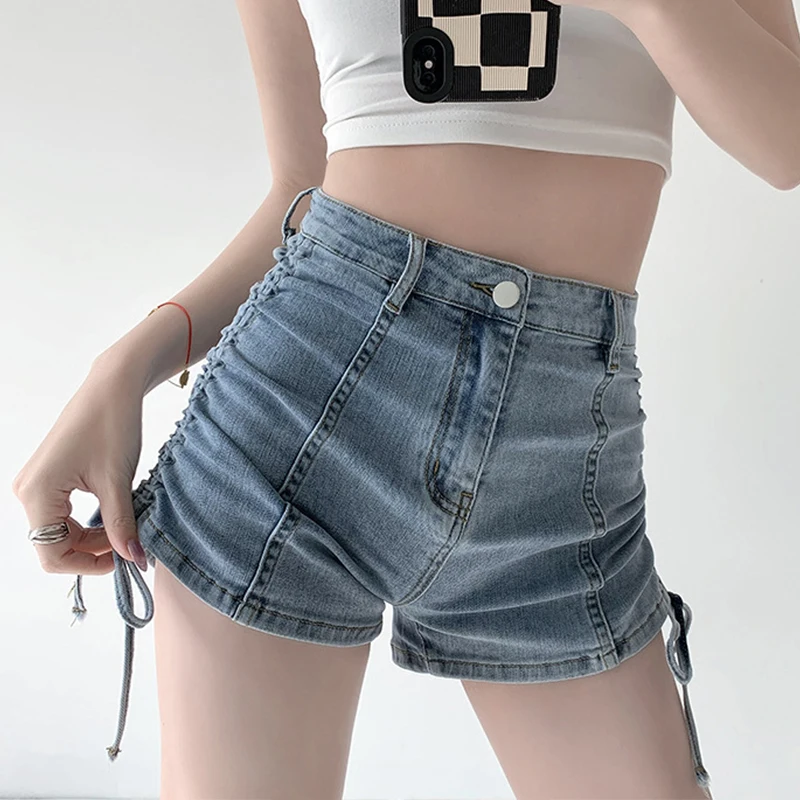 Fashion Lace-Up Denim Shorts Women's Casual High Waist Drawstring Woman Shorts Summer Simple Solid A-Line Pants Ladies 2023 New