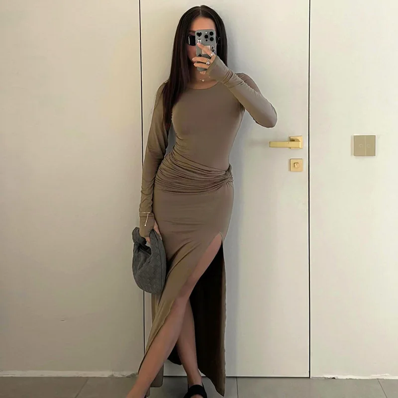 Облегающий топ с круглым вырезом и длинными рукавами сексуальная юбка разрезом