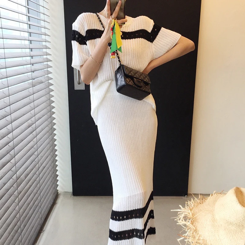 

Skirt Sets Ladies Office Suit Set Women Retro Hollow Jacquard Pit Strip Knit Sweater Top Summer High Waist Skirts Two-piece Set