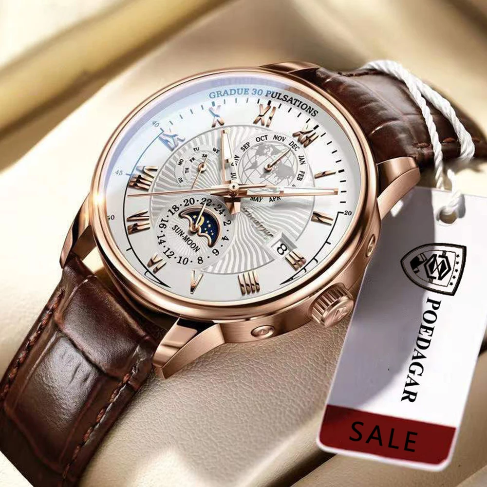 

2022 New Men Watch POEDAGAR Fashion Luxury Leather Wristband Waterproof Watches Complete Calendar Luminous Hands Quartz Clock
