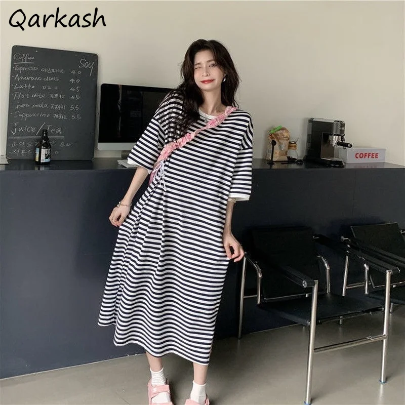 

Платья женские простые полосатые ленивые свободные женские шикарные в стиле преппи для девушек в Корейском стиле удобные для студентов поп...