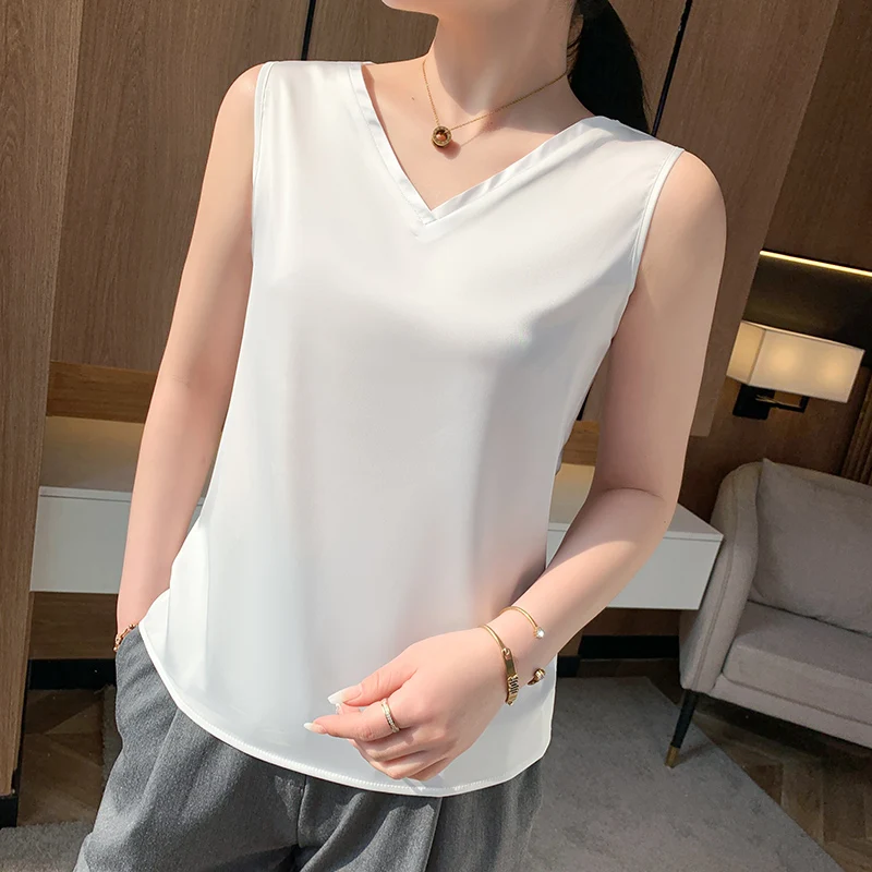 Майка женская с V-образным вырезом Элегантная модная базовая белая атласная