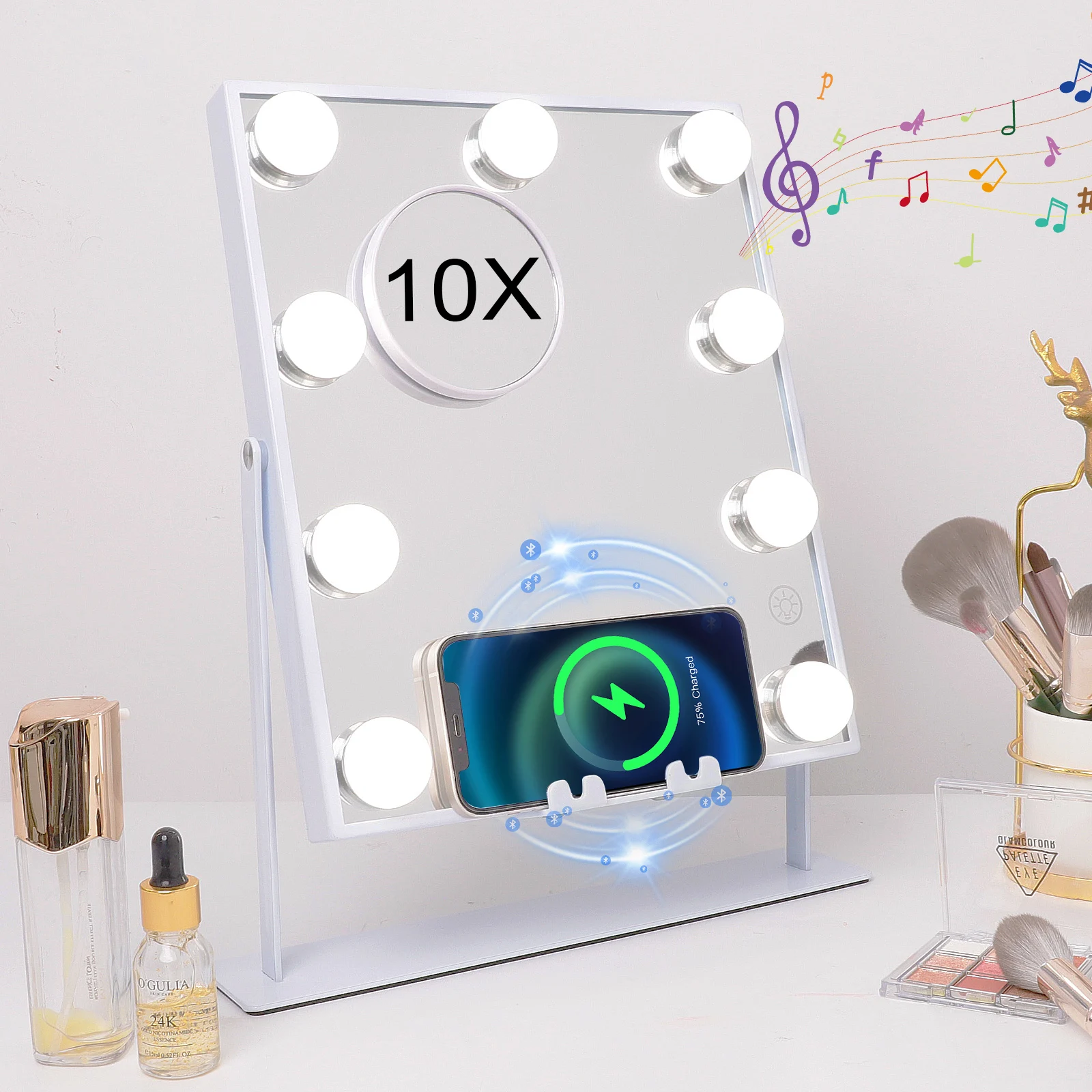 

Makeup Vanity Mirror with Lights Bluetooth Wireless Charging Tabletop Metal White
