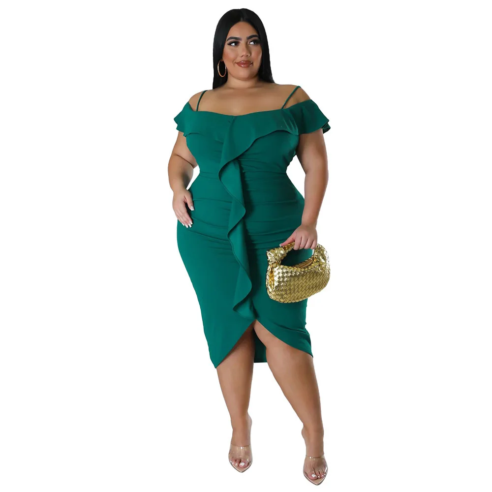 Plus Size Women Elegant Dresses Fashion Sweet Solid Colour Dress Casual Commuter Large Size Female One Neck Medium Length Dress