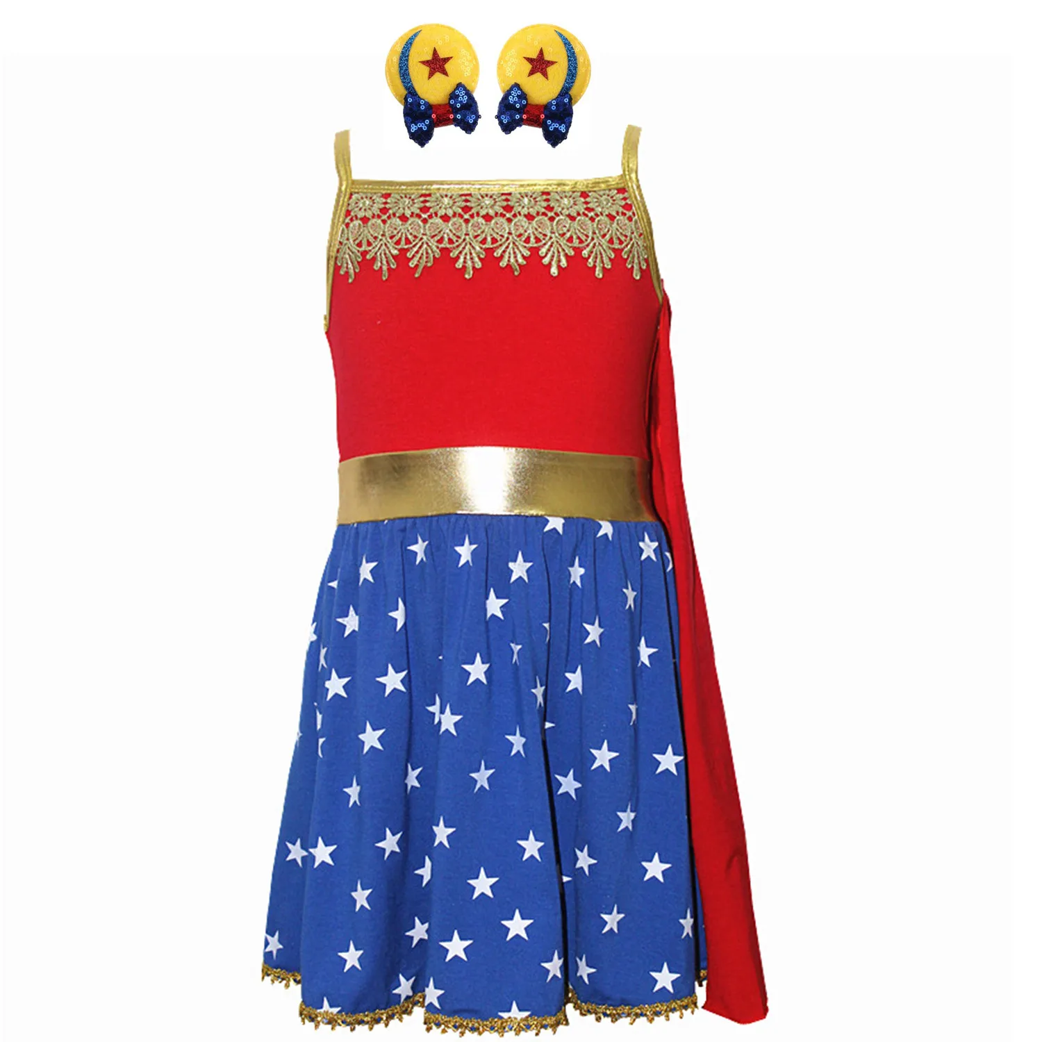 

Girl American Wonder Dress and Hairpins Halloween Cosply Set Ice Queen Poison Apple Under the Sea Beauty Infinity Beyon Dresses