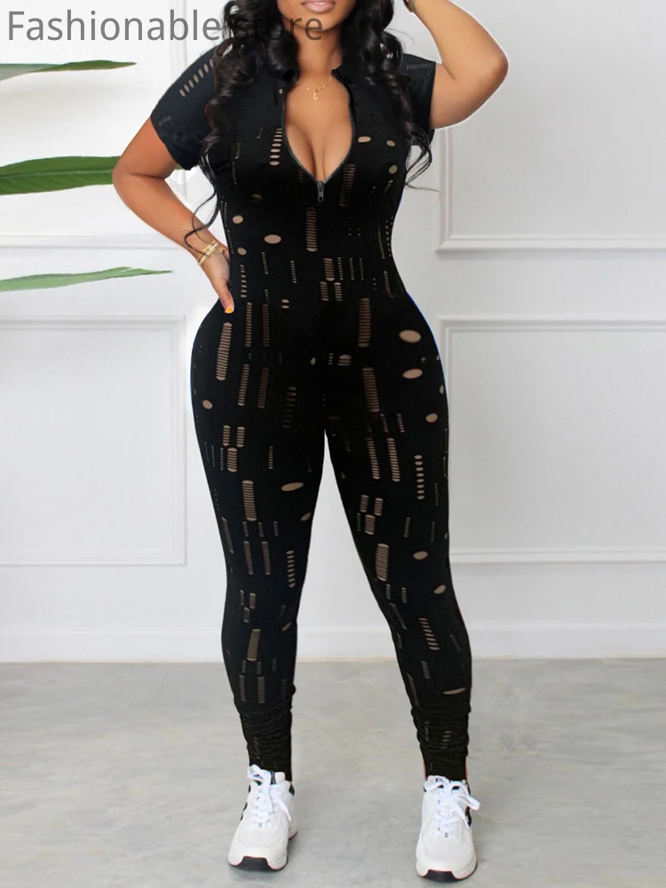 

Женский пикантный комбинезон, облегающие Комбинезоны на молнии с коротким рукавом и вырезами