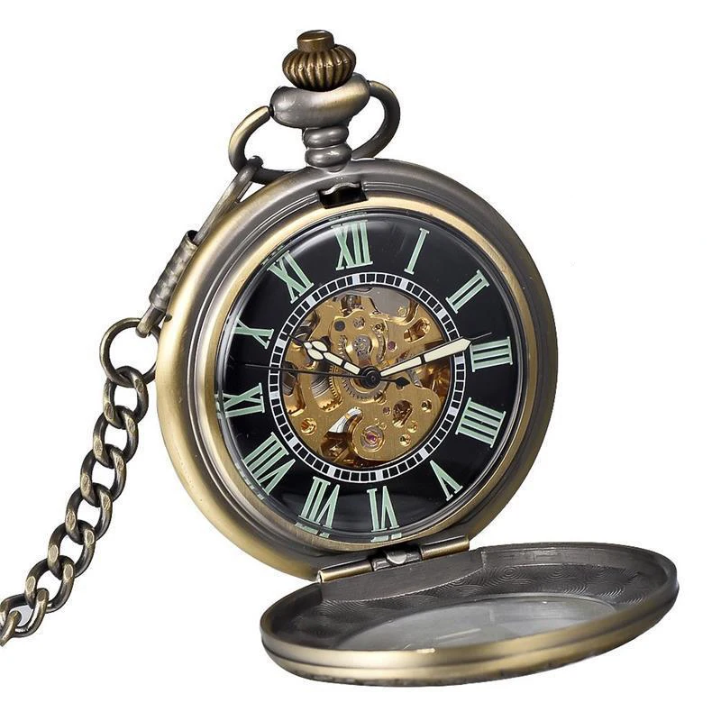 Luxury Mechanical Luminous Hands Pocket Watch for Men Women Skeleton Roman Numeral Dial Fob Chain Pendant Clock for Collection