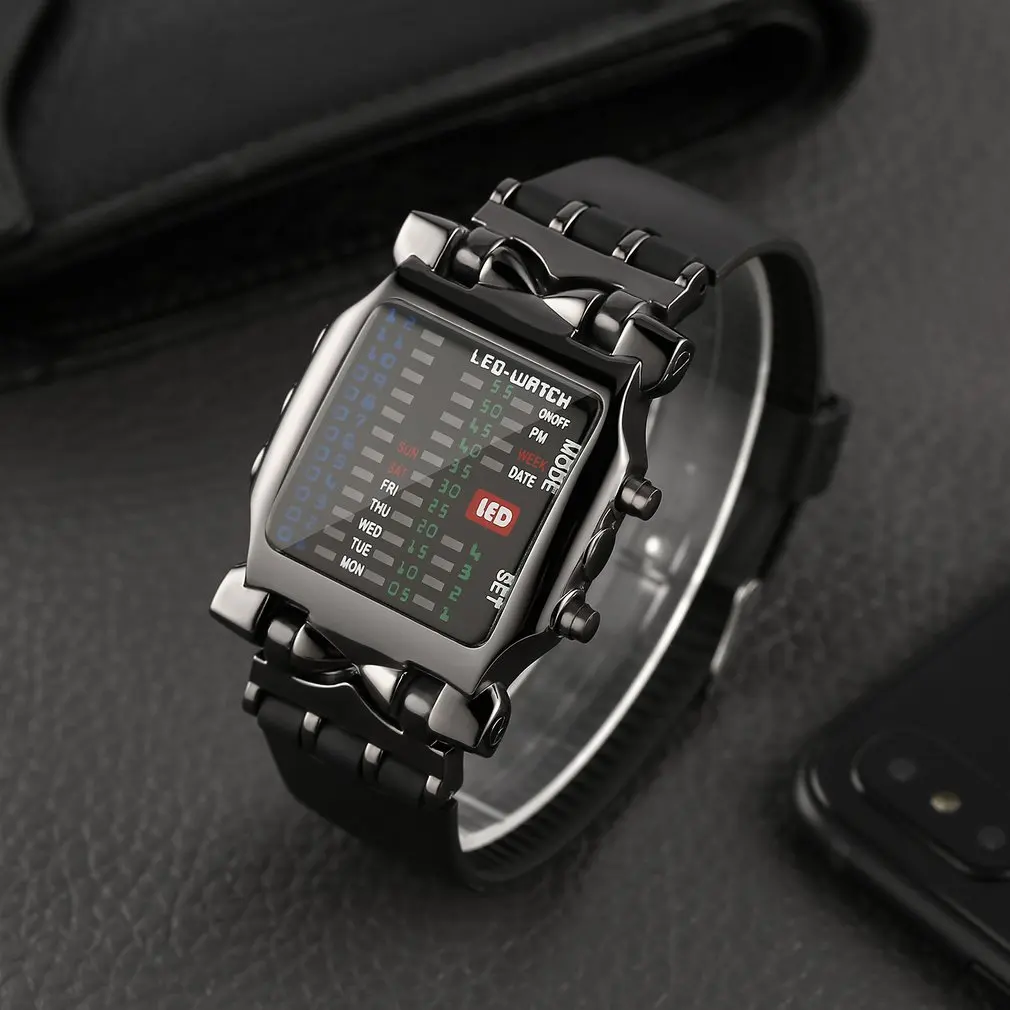 Fashion Men Outdoor Sport Bracelet LED Digital Binary Watches Popular Square Dial Rubber Band Casual Sport Business Wrist Watch