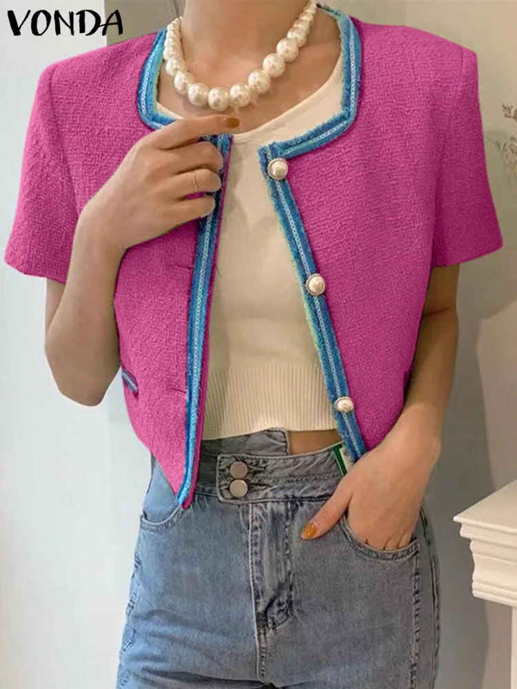 Elegant Office Blazer 2023 VONDA Women Summer Short Sleeve Ribbon Patchwork Coats Casual Solid Color Buttons Tops Streetwear