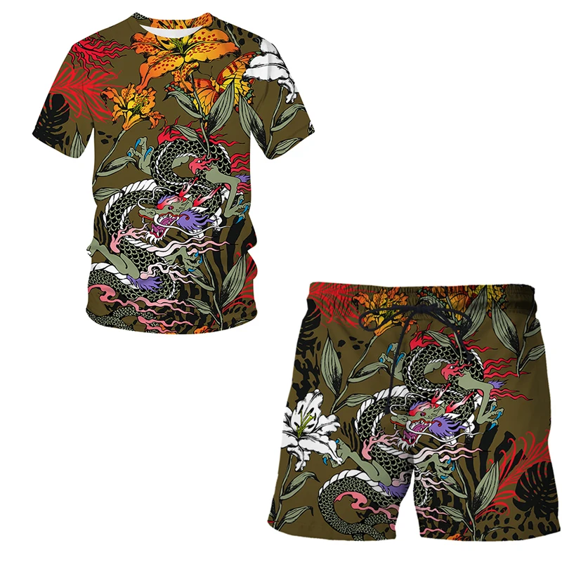 

Man's 2 Piece T-shirt And Shorts Set, Chinese Style Dragon Printed Beach Pants Tracksuit Casual Sportswear, 2022 Summer Swimwear
