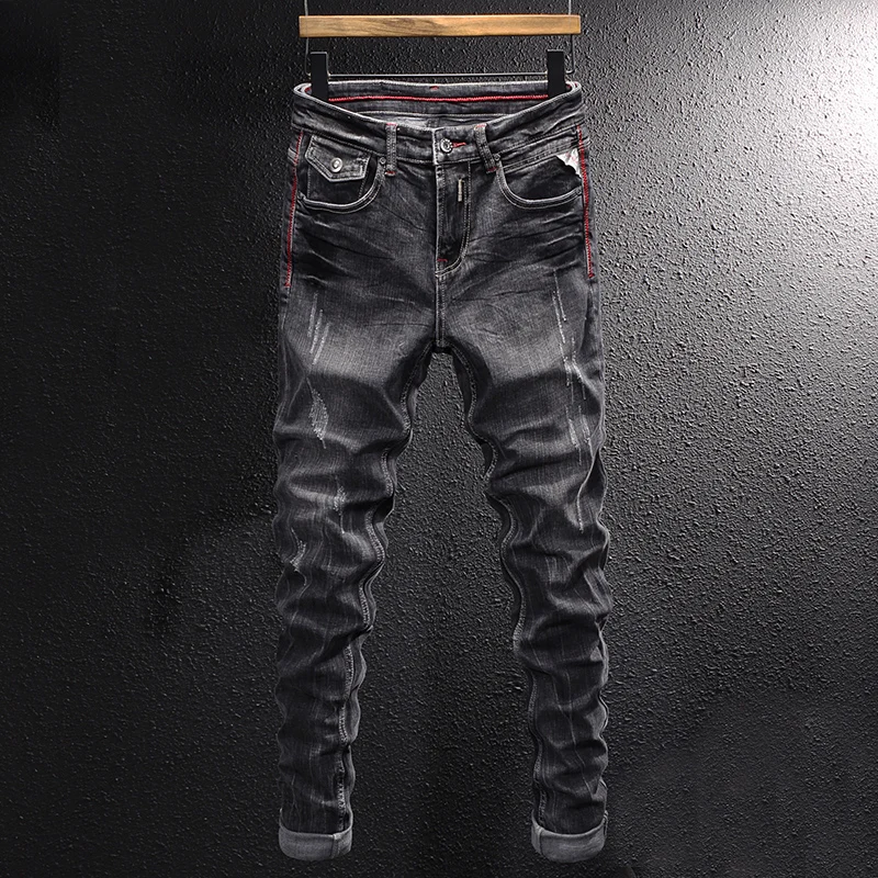 

Джинсы мужские рваные стрейчевые, модные уличные брюки из денима, винтажные Дизайнерские повседневные Узкие рваные джинсы в ретро стиле, Черные Серые