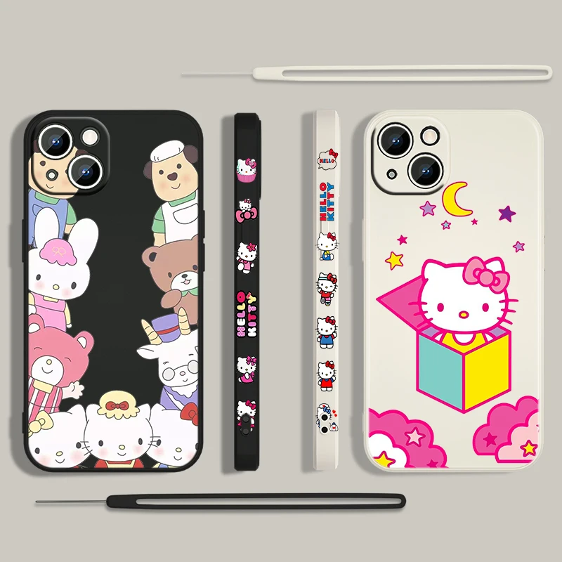 

Anime Hello Kitty Cartoon For Apple iPhone 13 12 Mini 11 Pro XS MAX XR X 8 7 6S SE Plus TPU Liquid Left Rope Silicone Phone Case