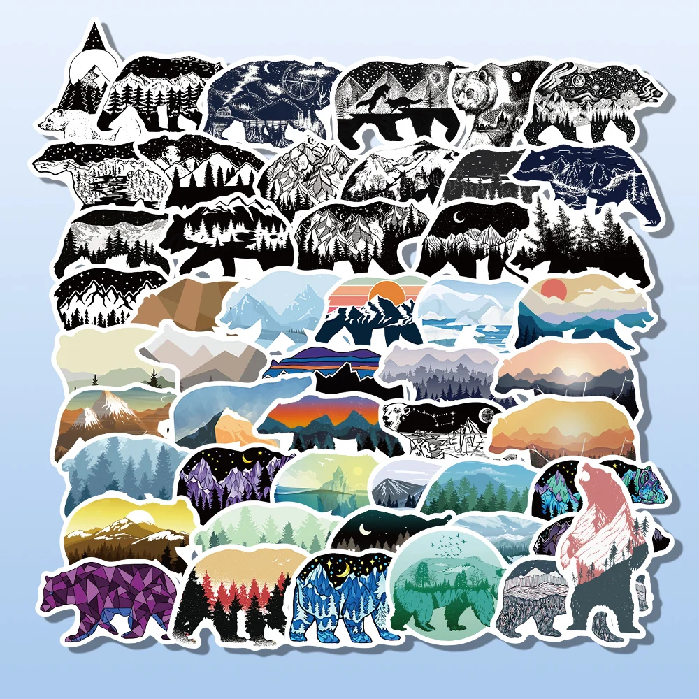 

10/50PCS Grizzly Bear Scenery Stickers Outdoor Camping Forest Bears Animal Sticker Gift for Laptop Phone Guitar Bike Motorcycle