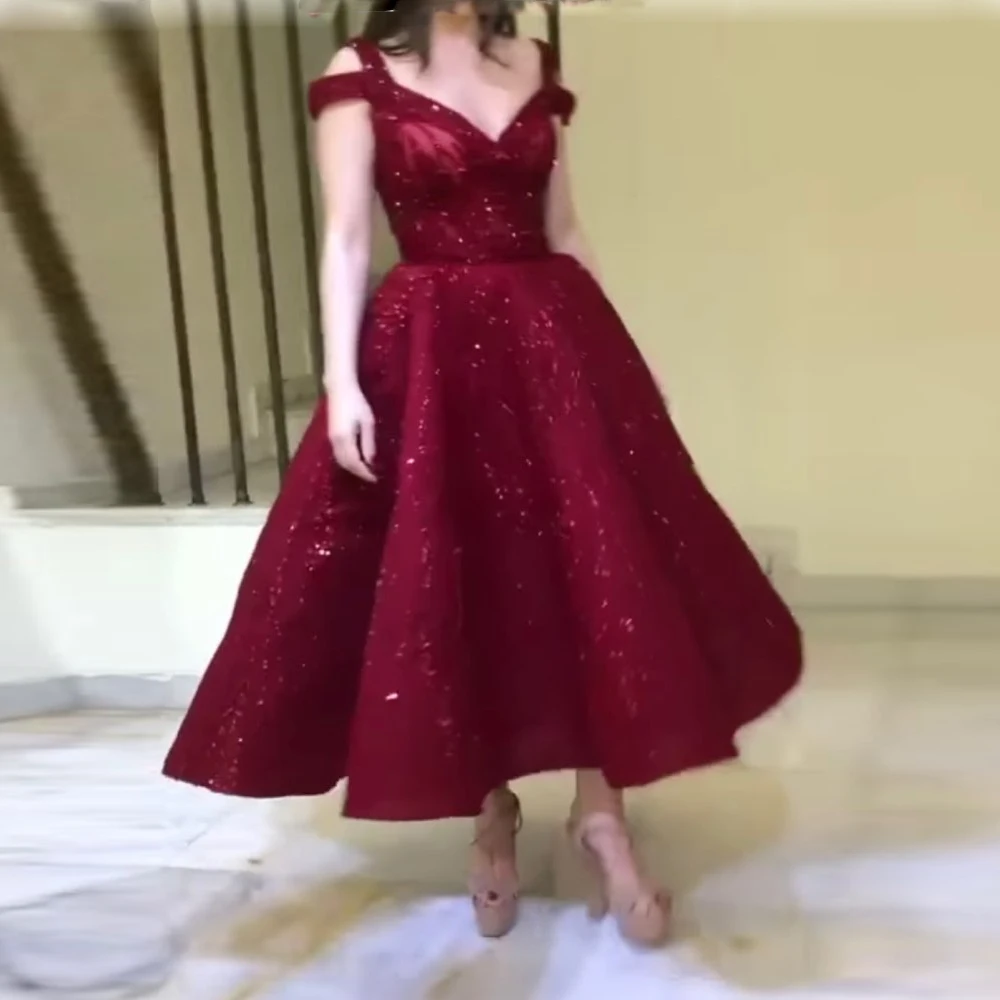 

Burgundy Sparkly Prom Dresses Saudi Arabia Formal Party Dress Off The Shoulder Ankle Length Evening Gowns Dubai Robe De Soiree