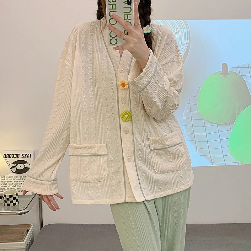 

Осенние пижамные комплекты, одежда для сна с милым мультяшным принтом кота, Хлопковая пижама на пуговицах, домашняя одежда, комплект из двух предметов