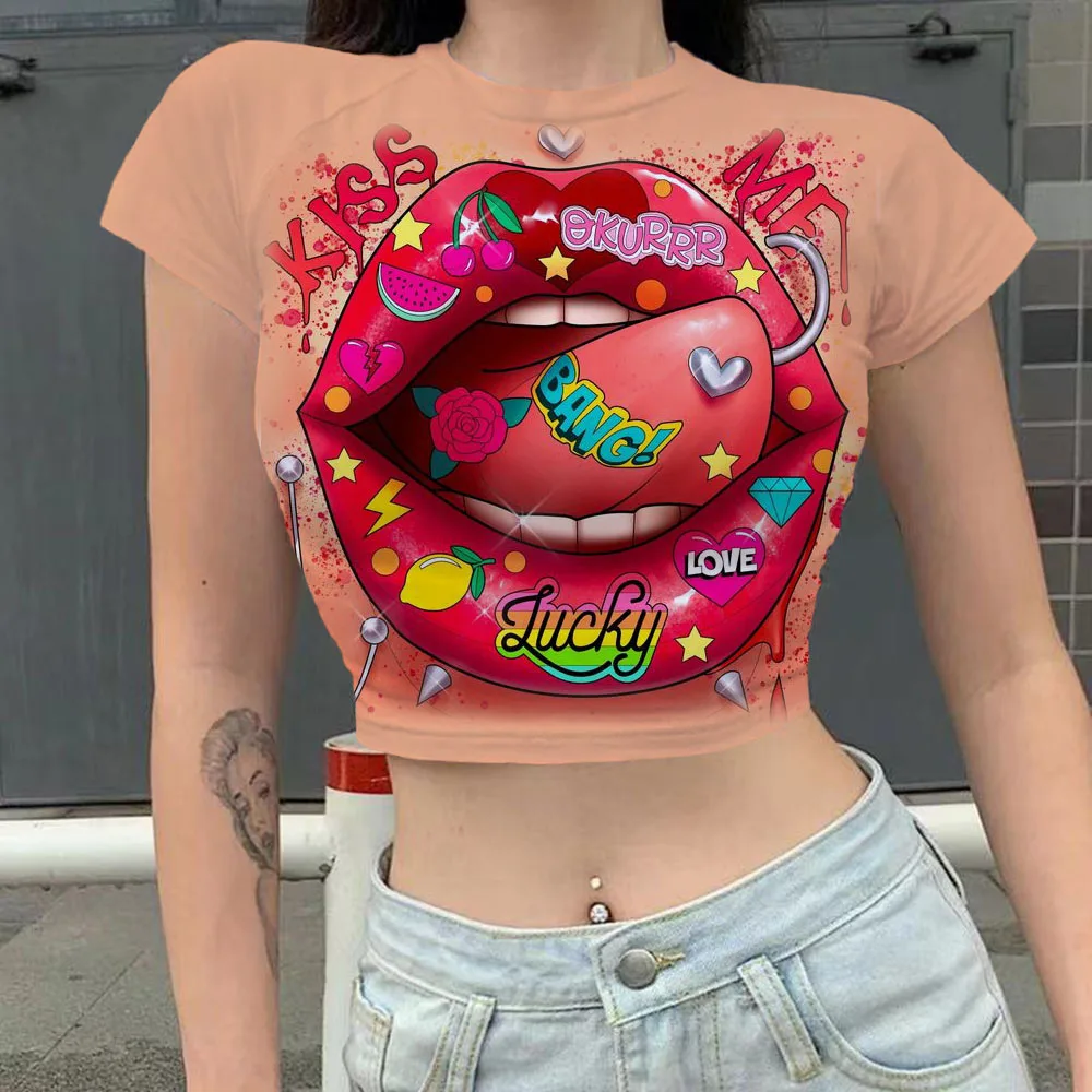 

Fashionable women Y2k Sexy lipstick print Pink T-shirt 2022 Summer Tops Female Short Student Women Tees Slim Sexy Crop Top