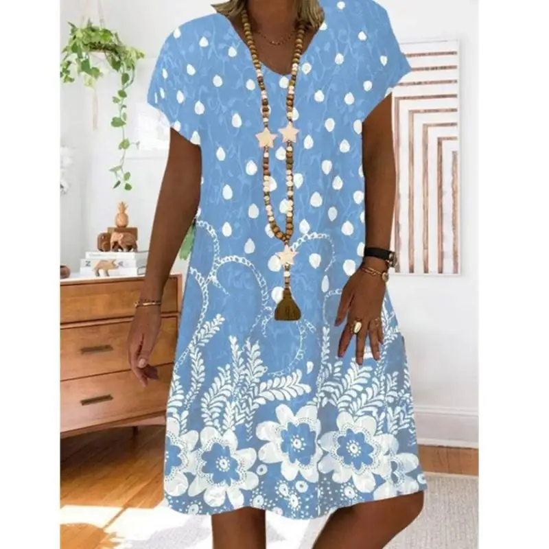 

2022 Summer Women Dress Floral Theme Shift Short Mini Dress Print Knee Length Loosen V Neck Casual Elegant Vacation Dress