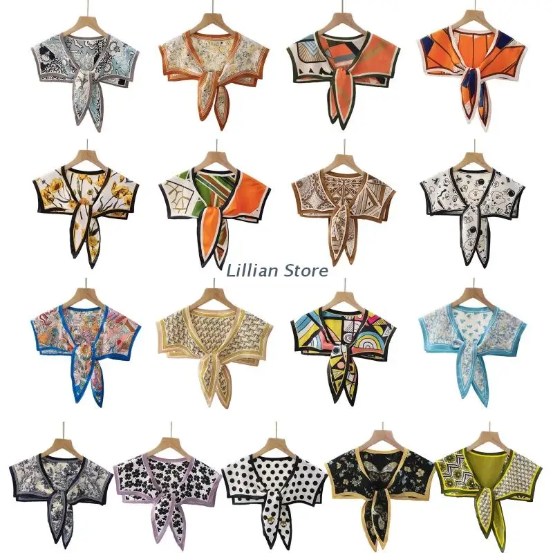 

Women Summer Imitation Silk Detachable Collar Scarf Korean Style Colorful Geometric Floral Print Shawl Tie Up Shoulder Wrap