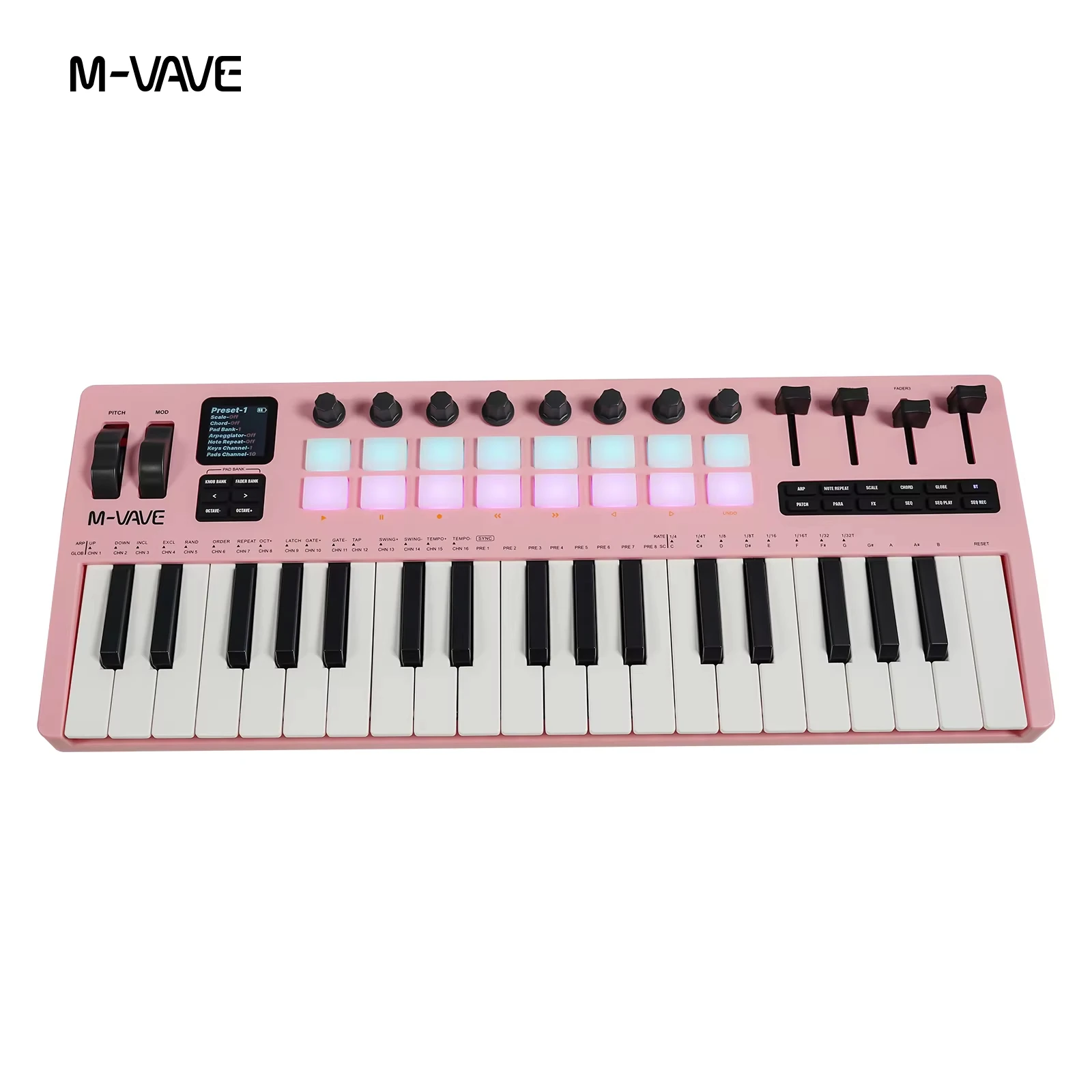Фото M-VAVE SMK-37 PRO 37-клавишная портативная MIDI-клавиатура с 16 RGB-пэдами, 8 регуляторами, FM-модулем DX-7 и Bluetooth 5.0 №4