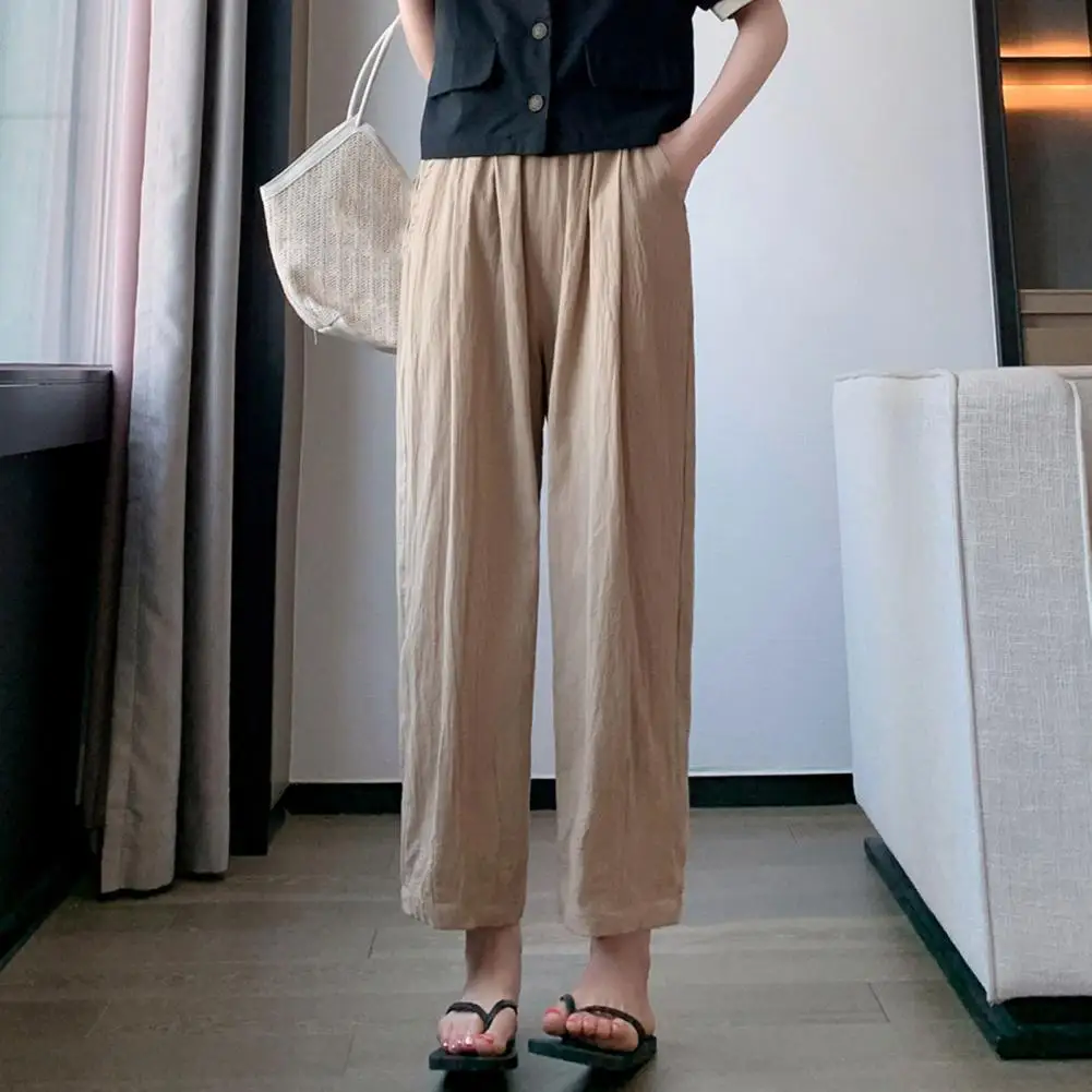 

Women Trousers Summer High Waist Long Pants Elastic Waistband Pockets Wide Leg Pleated Thin Casual Trousers Streetwear