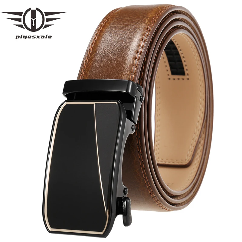 

Plyesxale Luxury Brand Men's Belt Genuine Leather Fashion Automatic Buckle Ratchet Cowskin Trouser Belts Black 3.5CM Width G922