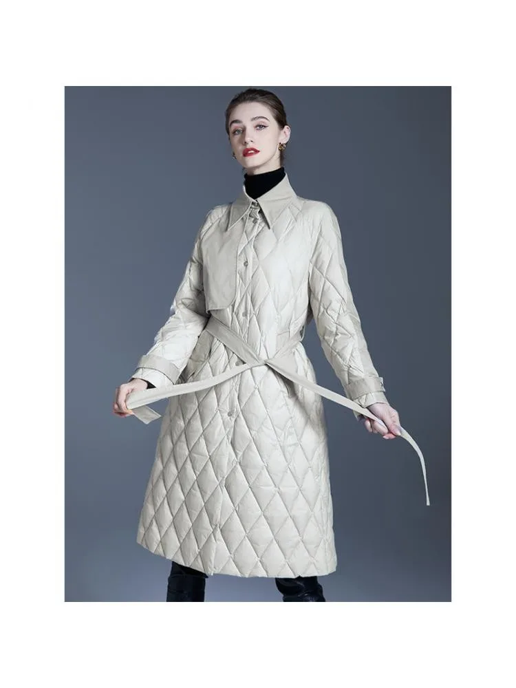 Europe 2022 Winter Fashion Long Lace Up Plaid Lattice Thin 90 White Duck Down Coats Women Black Single Breasted Warm Jackets