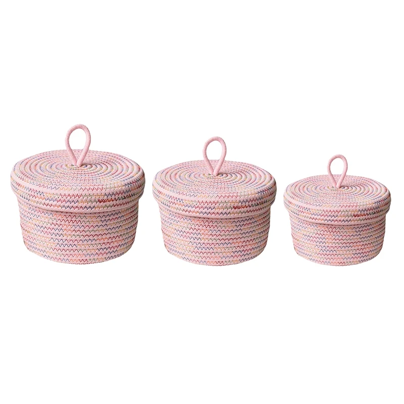

Set 3 Of Storage Baskets With Lids, Decorative Baskets For Shelves And Coffee Table, Natural Cotton Rope Lidded Basket