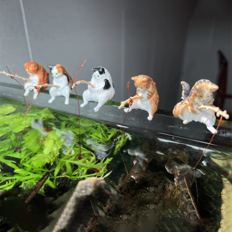 

5Pcs Kawaii Fishing Cats Decor Statue Funny Resin Cat Toy Fish Landscaping Cartoon Sitting Cat Ornament Home Aquarium Decoration