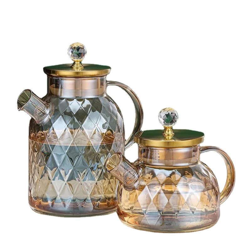 

Amber Color Diamond Glass Household Kettle 1L/1.8L Heat-resistant Thickened Glass Household Juice Flower Teapot Kettle Home Tool