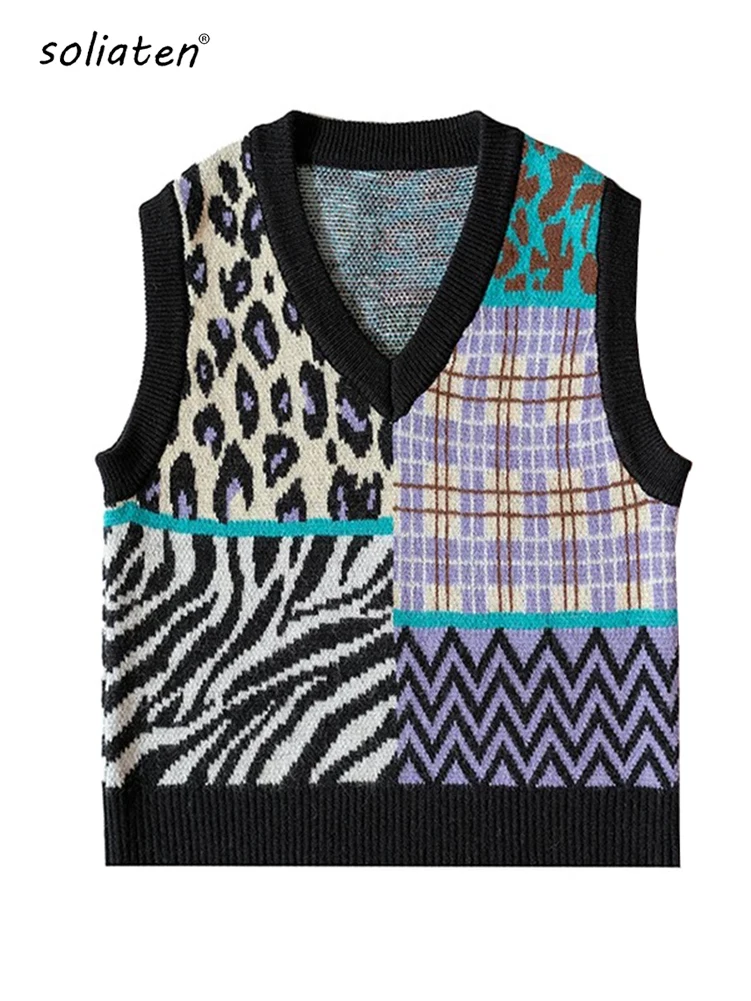 

Women Irregular Contrast Color Leopard Loose Knitting Vest New V Collar Sleeveless Fashion Spring Autumn 2022 Clothing C-151