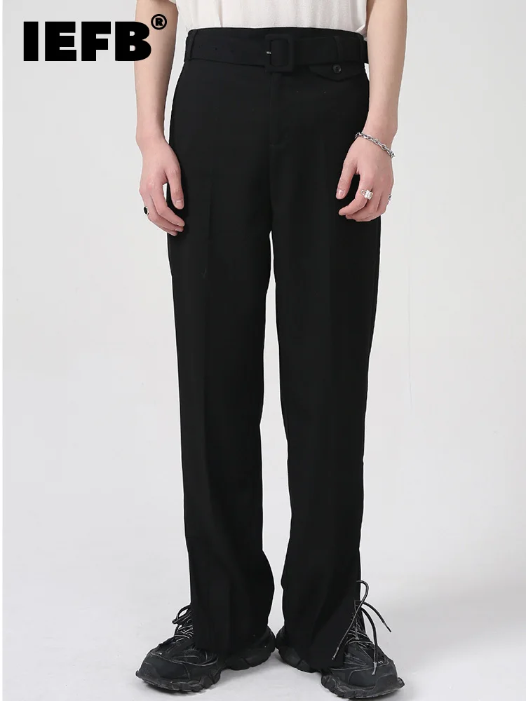 

IEFB Men's Wear Spring New Korean Solid Color Straight Waistband Design 2022 Spring Trouser Leg Split Trousers 9A1846