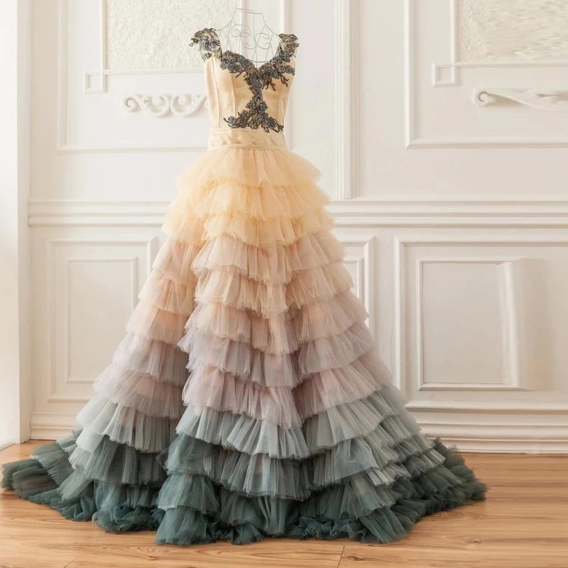 

Реальное изображение, разноцветные многоярусные тюлевые Макси-платья, женское официальное вечернее ТРАПЕЦИЕВИДНОЕ строгое платье, длинное платье с аппликацией