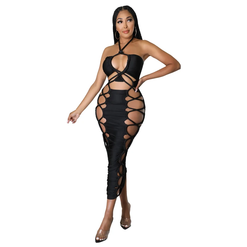 

Summer Halter Dresses Women Sleeveless Hollow Out Robes 2022 Fashion New Solid Bodycon Bandage Sexy Clubwear Outfits Long Dress
