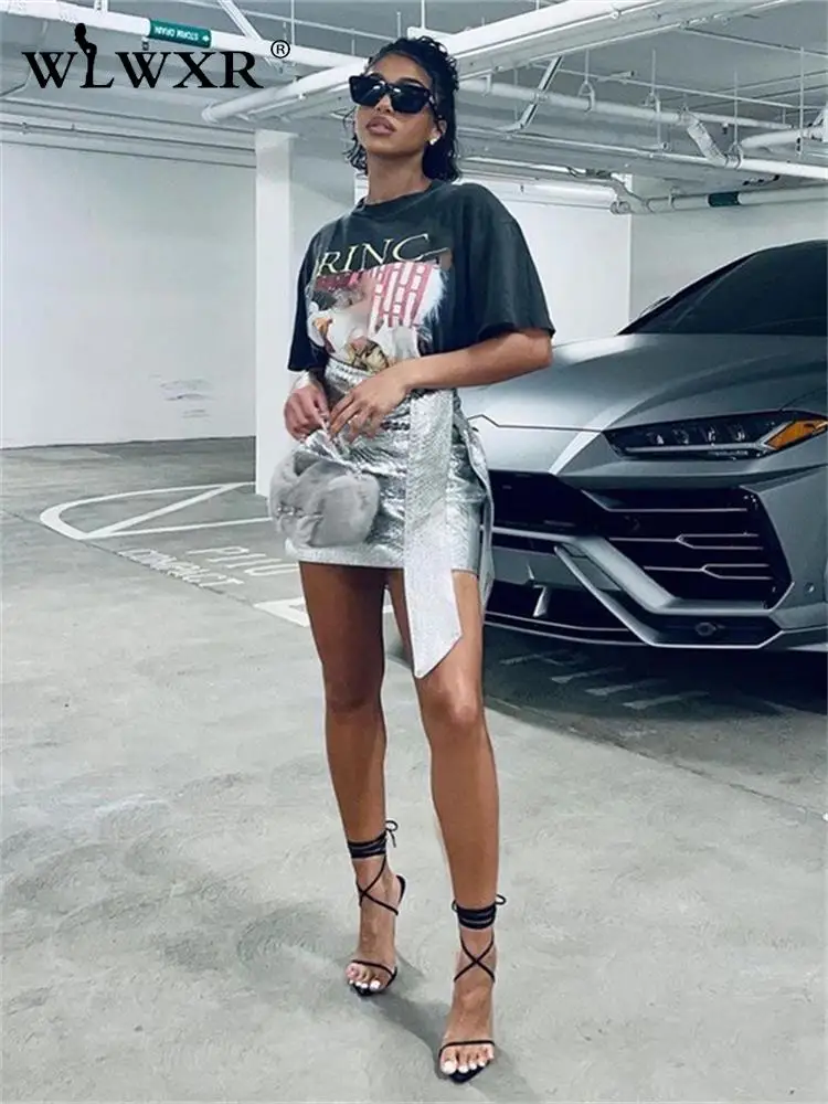 

WLWXR Осенняя уличная мода юбки с принтом аллигатора для женщин 2022 бандажные юбки с высокой талией Клубная одежда серебряное женское мини-платье