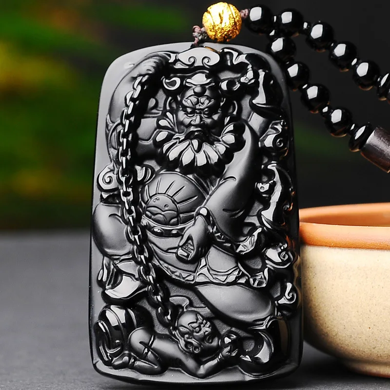 

Natural Black Obsidian Hand Carved Zhong Kui Jade Pendant Fashion Boutique Jewelry Men and Women Angel Necklace Gift