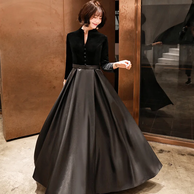 

Женское вечернее платье на пуговицах, классическое черное платье с глубоким V-образным вырезом и длинными рукавами, простое платье до пола со скрытой молнией