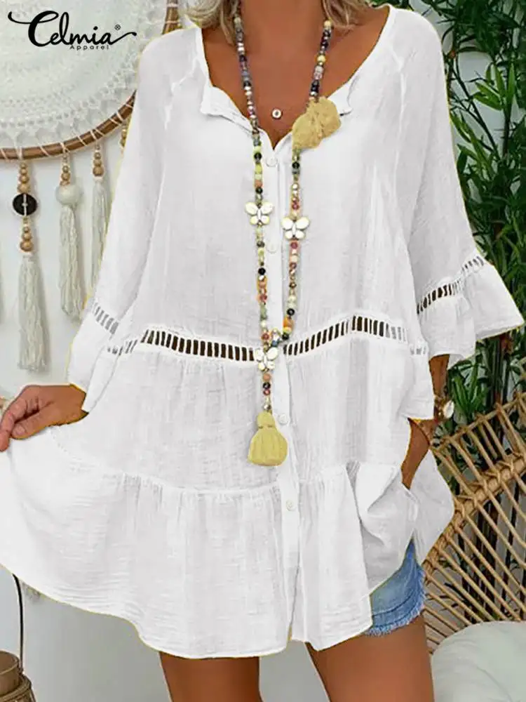 

Celmia Women Cotton Breathable Blouses 2022 Summer Fashion Bat Sleeve Tunic Tops Holiday Casual O Neck Hollow Out Peplum Shirt