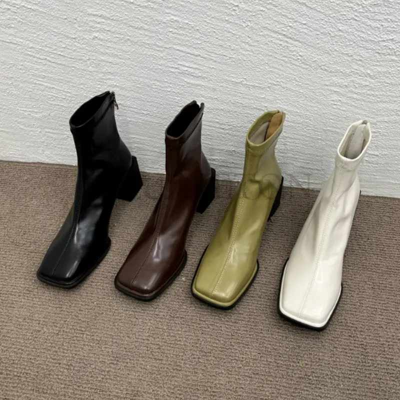 Autumn Design Heel Ankle Boot Fashion Square Toe Zipper Ladies Casual Chelsea Boots Shoes Soft Leather Short Boot