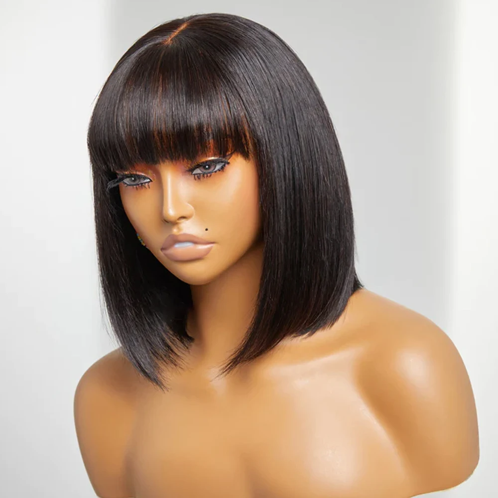 

Glueless Straight Bob Wigs With Bangs Fake Scalp Lace Bang Bob Wigs 12 inches Brazilian Remy Human Hair Wig for Black Women