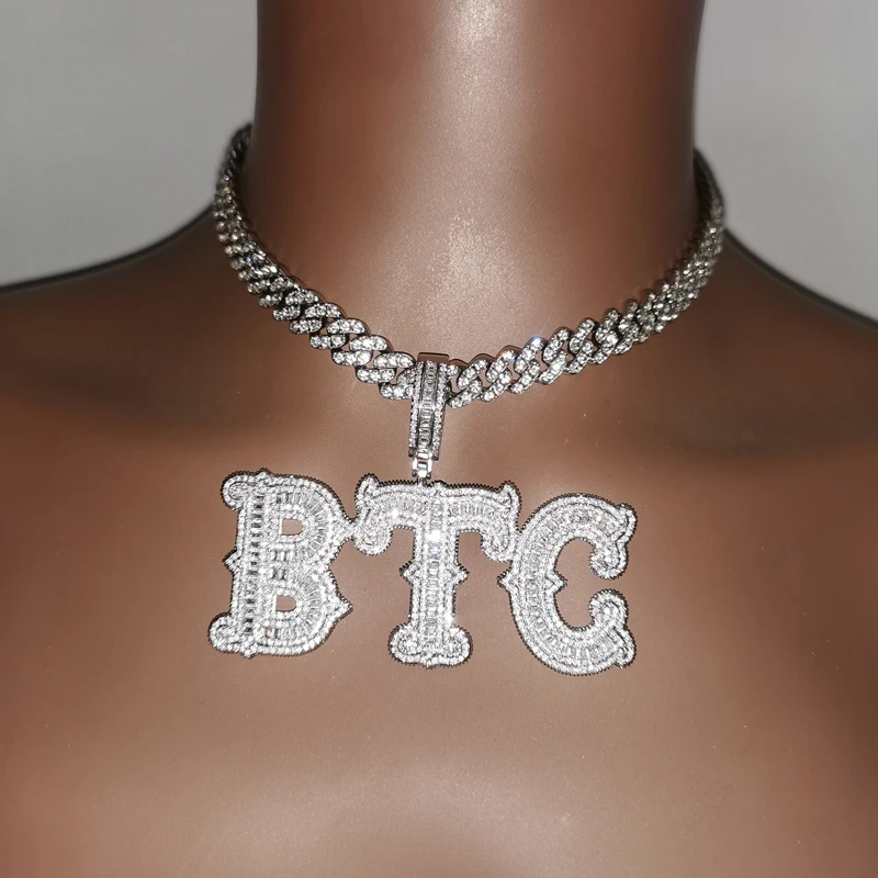 Customized Name Necklace AAAA Zirconia Baguette Letters Cuban Chain Hip Hop Necklaces For Men Women Hip Hop Jewelry