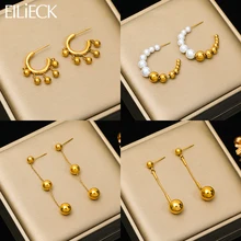 EILIECK 316L Stainless Steel Gold Color Ball Beads Pendant Earrings For Women Girl High Quality Non-fading Jewelry Gift Party