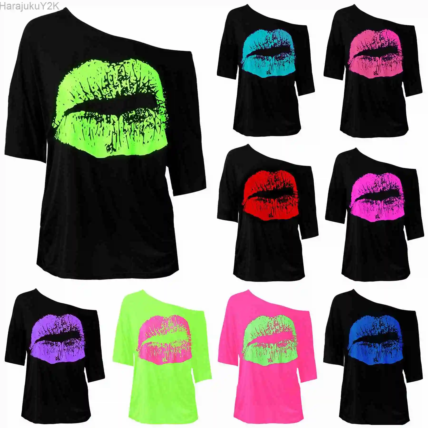 

2023 Women Sexy 80s Costume Tops Shew Collar Mid Sleeve Lips Printed Vintage Loose Long Y2K Clothes Ladies T-shirts