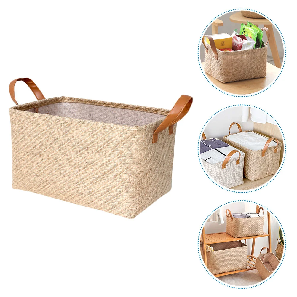 

Woven Linen Storage Basket Collapsible Bin Simple Jute Cloth Handles Organizer Child