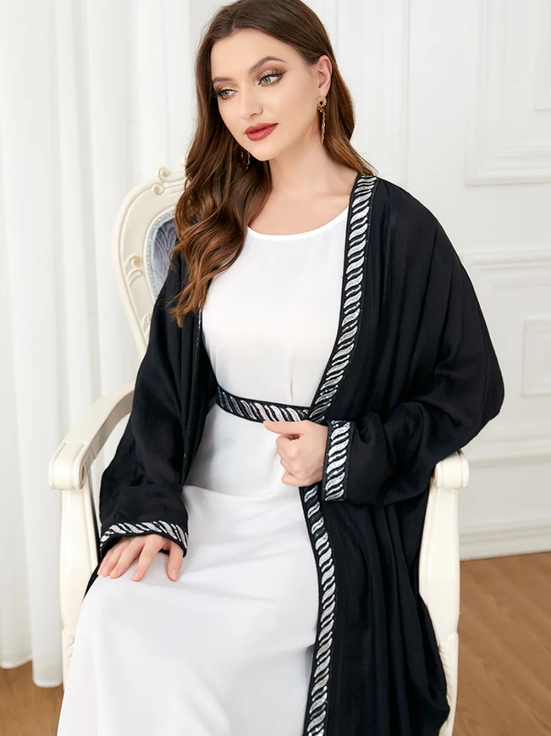 Abayat Muslim Sets Solid Color Front Open Black Abaya And Belted Dress African Dresses For Women Moroccan Caftan Autumn Winter