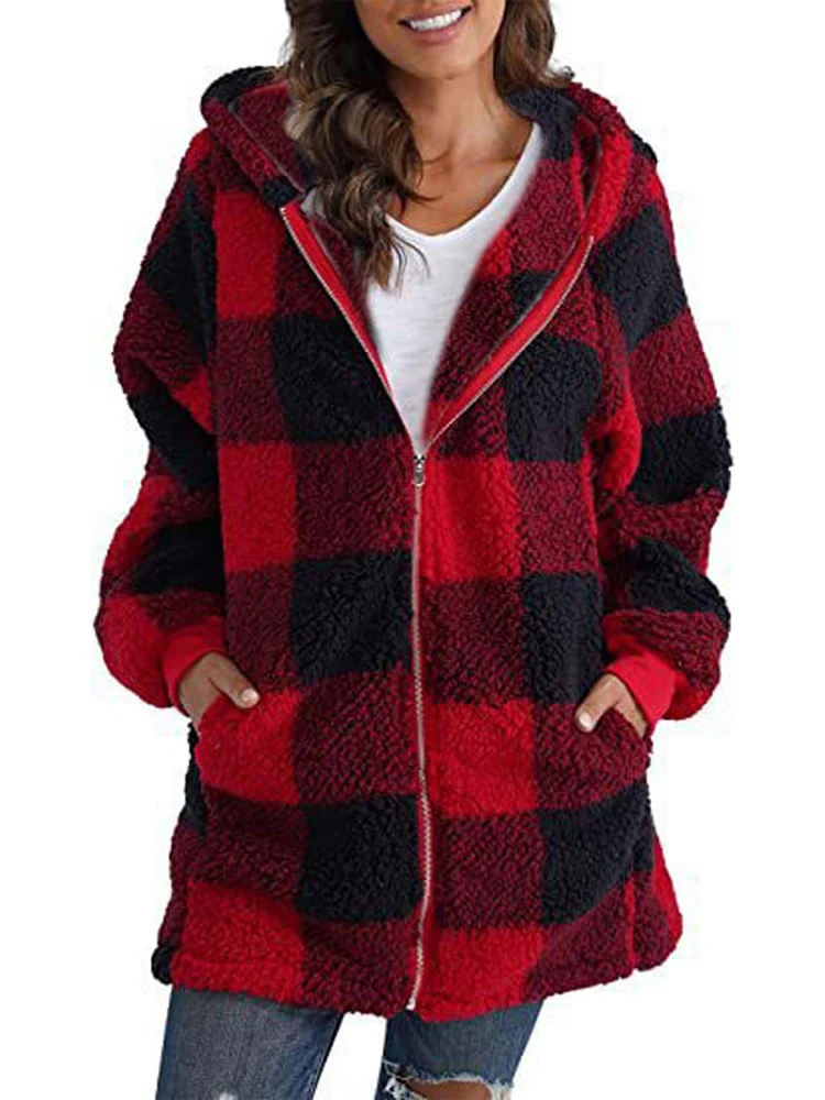 2022 Autumn Winter Plaid Faux Fur Coat Women Teddy Coat Hooded Jackets Female Furry Teddy Bear Plush Jacket Women