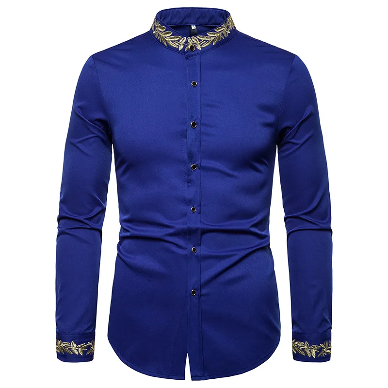 Men Spring Autumn Shirt Social Henley Dress Shirt Fashion Long Sleeve Formal Embroidery Tops Clothing Casual camisa masculina